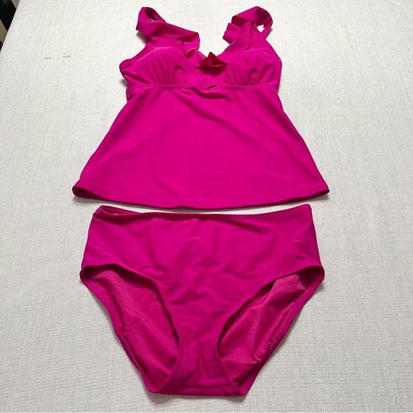 DKNY Ladies Swimsuit Ruffle Tankini Pink 2 Piece Set Size Large - Picture 8 of 11